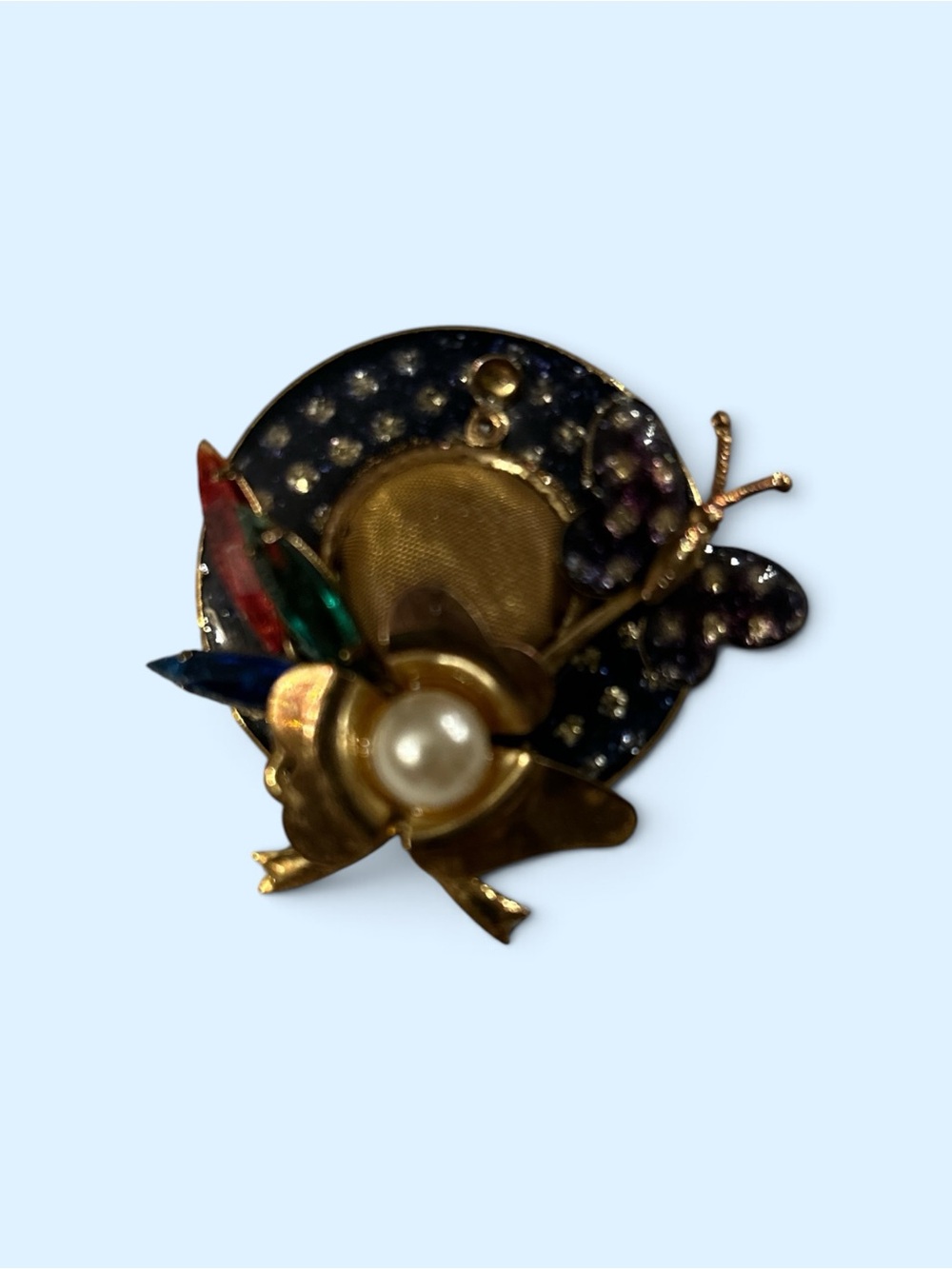 Gold-Tone Floral Pearl Hat Brooch with Black Enamel and colored glass stones